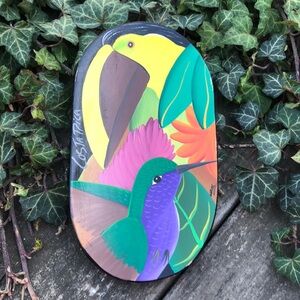 Tropical birds hand painted wooden wall decor Costa Rica